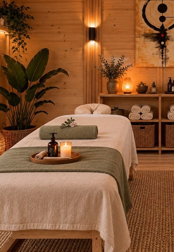 Massage table laid with a rolled towel, oil and a lit candle